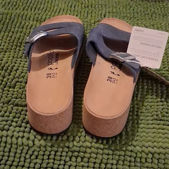 NWT Papillio Blue Slide Sandals with Silver Buckle, Suze 38, Narrow, Cork Wedges - Picture 3 of 8